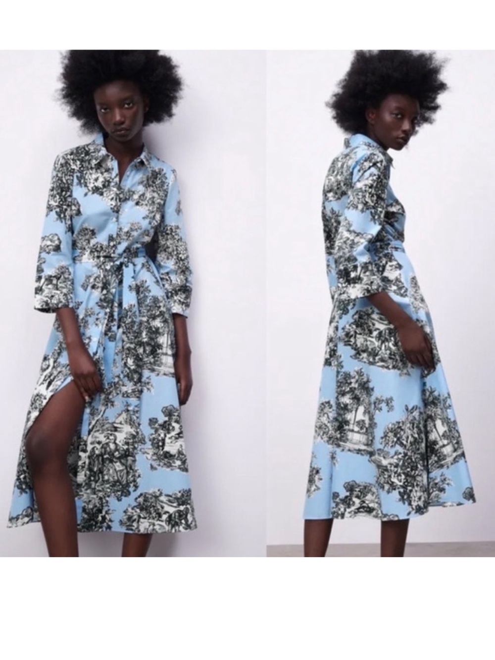 Zara Blue Toile Button Down Shirt Dress with Waist Tie-XXL